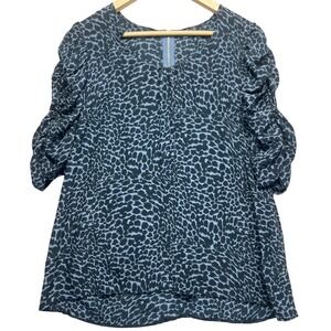 Vintage Y2K‎ Silk Animal Print Top Ruched Sleeve Blouse Lightweight Elegant Blue